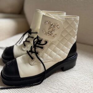 CHANEL Quilted Two-Tone Lace-Up Ankle Boots in Cream and Black